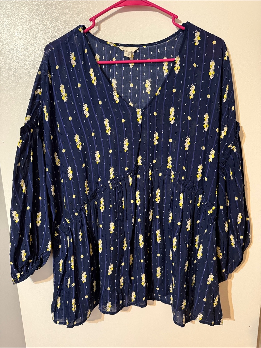 Cato Navy Floral V-Neck Peasant Tunic